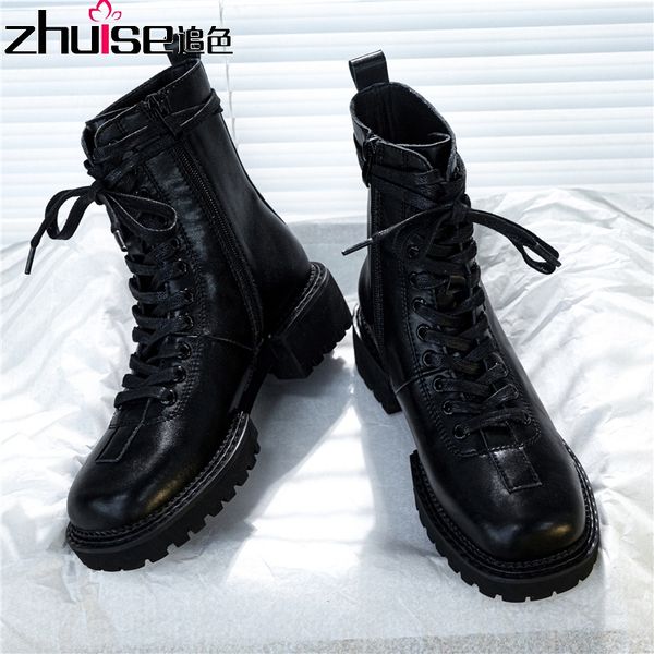 short boots autumn and winter british style retro thick-soled boots women casual mid-tube leather women's shoes, Black 
short boots autumn and winter british style retro thick-soled boots women casual mid-tube leather women's shoes, Black