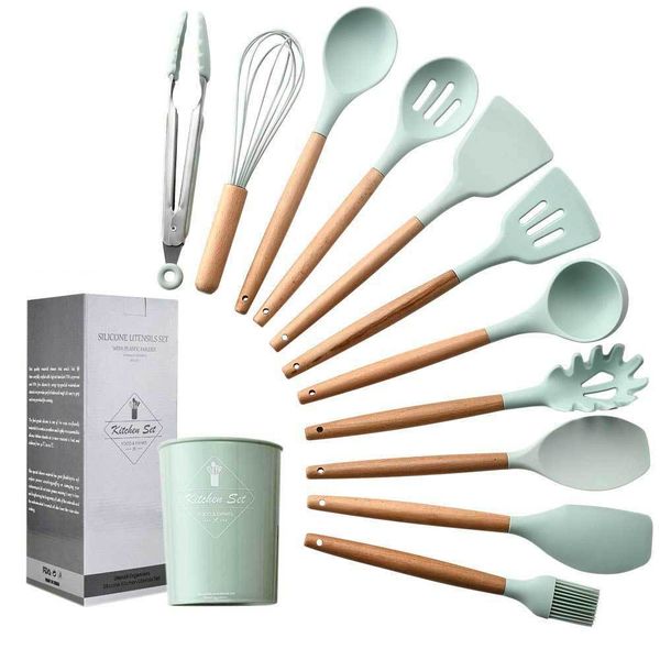 water green storage barrel wooden handle silicone kitchenware 11 piece set non stick spatula kitchen utensils cooking set
water green storage barrel wooden handle silicone kitchenware 11 piece set non stick spatula kitchen utensils cooking set