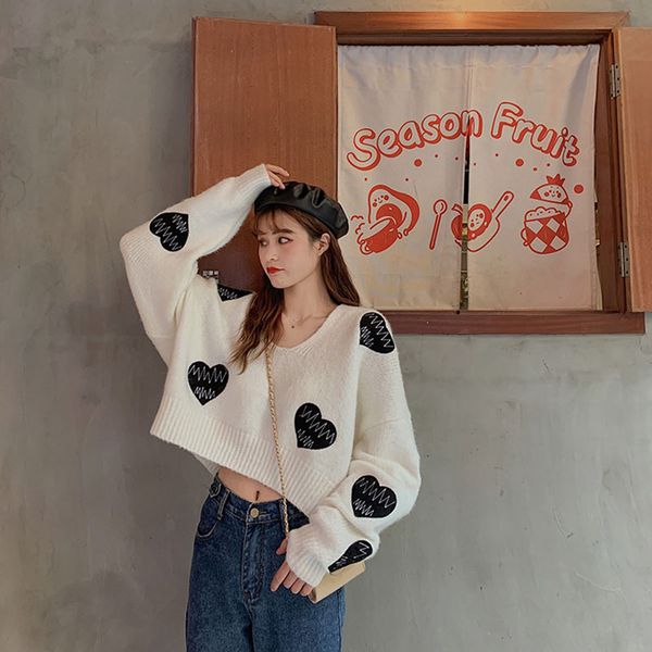 women's sweaters v-neck embroidered sweater long-sleeved knit autumn winter korean warm love short ml175, White;black
women's sweaters v-neck embroidered sweater long-sleeved knit autumn winter korean warm love short ml175, White;black