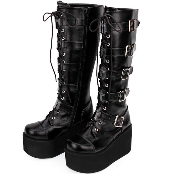 boots womens round toe cross decor genuine leather knee thigh high platform wedge heel punk japanese harajuku gothic shoes, Black
boots womens round toe cross decor genuine leather knee thigh high platform wedge heel punk japanese harajuku gothic shoes, Black