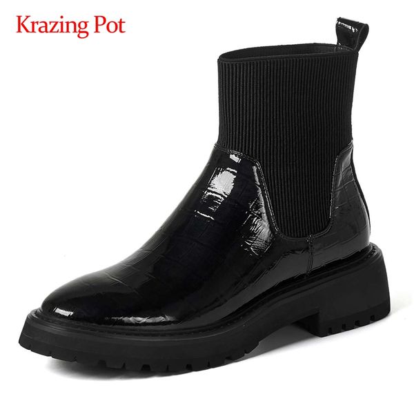 boots krazing pot knitting genuine leather platform energy lady round toe thick med heel slip on daily wear cozy ankle l61, Black
boots krazing pot knitting genuine leather platform energy lady round toe thick med heel slip on daily wear cozy ankle l61, Black