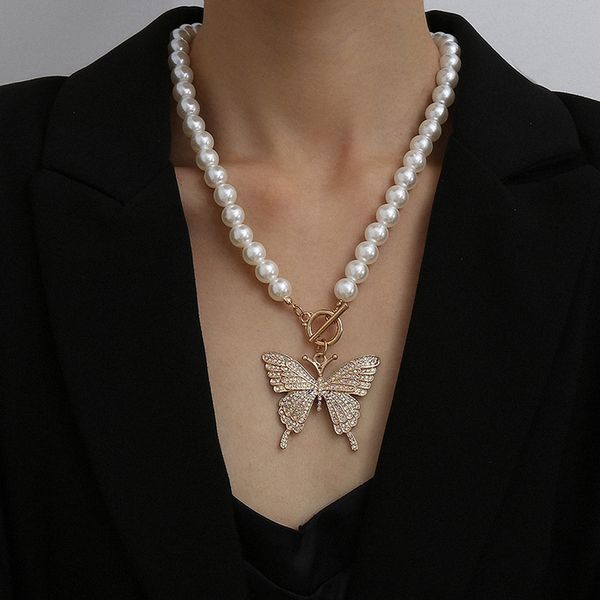 european and american retro inlaid rhinestone butterfly necklace temperament imitation pearl single layer ot buckle necklace, Silver
european and american retro inlaid rhinestone butterfly necklace temperament imitation pearl single layer ot buckle necklace, Silver