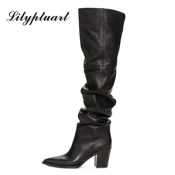 european and american style high heel thick heel pointed boots sleeve fashion high tube pleated boots women thigh, Black
european and american style high heel thick heel pointed boots sleeve fashion high tube pleated boots women thigh, Black