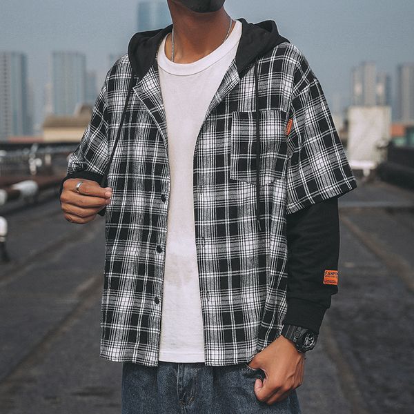 new casual polyester cotton shirt hooded long sleeve england shirt men harajuku black large size fake two plaid shirts, White;black
new casual polyester cotton shirt hooded long sleeve england shirt men harajuku black large size fake two plaid shirts, White;black