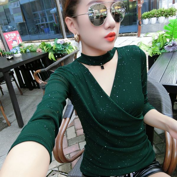 women's blouses & shirts elastic glitter mesh blouse womens long sleeve korean black halter vneck elegant slim camisas femininas, White
women's blouses & shirts elastic glitter mesh blouse womens long sleeve korean black halter vneck elegant slim camisas femininas, White