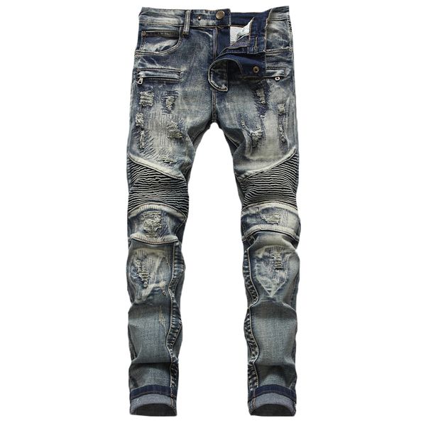 men's jeans fashion stitching ripped male trendy straight personality retro locomotive folds frayed beggar pants trousers, Blue
men's jeans fashion stitching ripped male trendy straight personality retro locomotive folds frayed beggar pants trousers, Blue