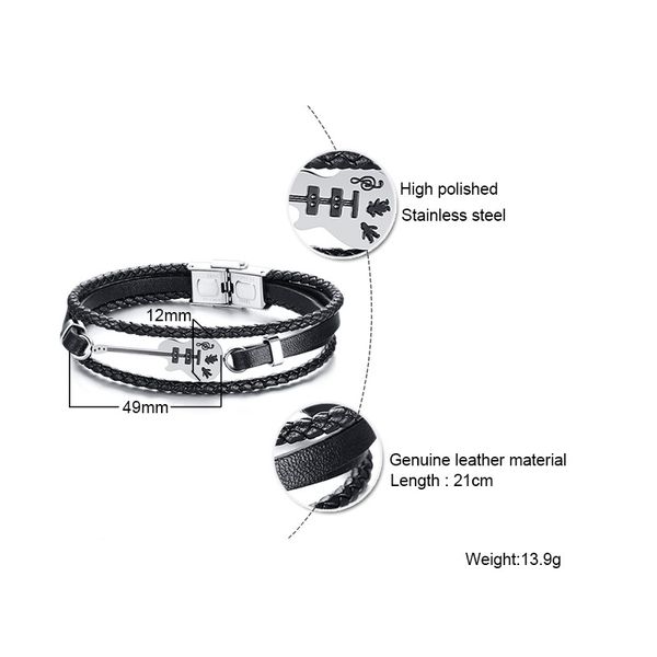 link, chain music lover's stainless steel guitar leather bracelet, Black