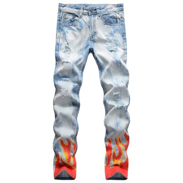 men's jeans hip hop men hole fire printed bleached slim full length straight high street denim trousers vintage wild, Blue
men's jeans hip hop men hole fire printed bleached slim full length straight high street denim trousers vintage wild, Blue
