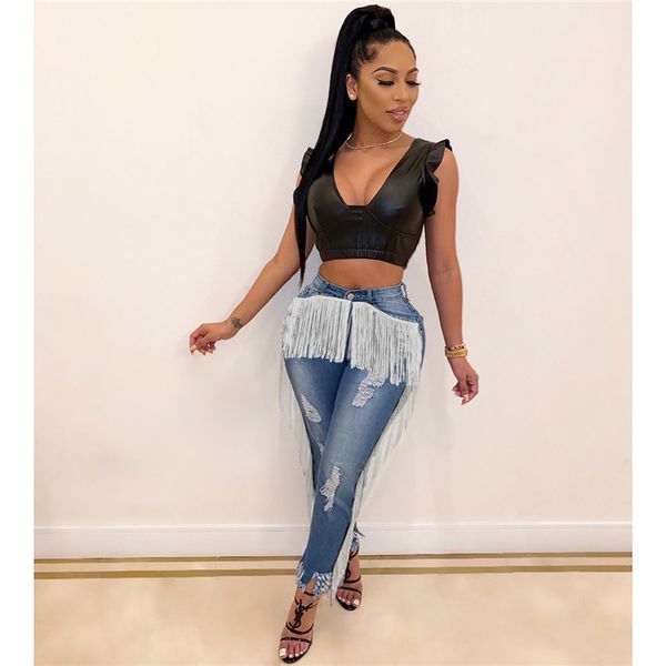 women ripped jeans fashion tassel street style female clothing designer pencil jeans solid color printed personality trousers, Blue
women ripped jeans fashion tassel street style female clothing designer pencil jeans solid color printed personality trousers, Blue