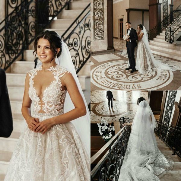 2021 lace wedding dresses jewel illusion sleeveless appliques bridal gowns custom made button back sweep train a-line wedding dress, White 
2021 lace wedding dresses jewel illusion sleeveless appliques bridal gowns custom made button back sweep train a-line wedding dress, White