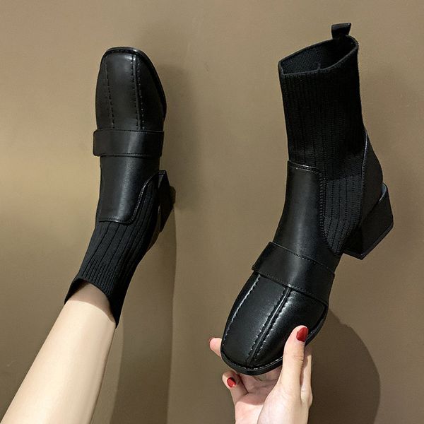 spring autumn women's square toe ankle boots patchwork med heels pull on shoes j68, Black
spring autumn women's square toe ankle boots patchwork med heels pull on shoes j68, Black