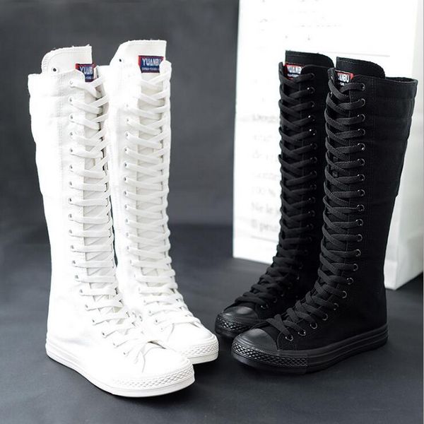 women canvas lace up autumn knee high boots cross tied zip ladies flat stage performance boots female fashion, Black
women canvas lace up autumn knee high boots cross tied zip ladies flat stage performance boots female fashion, Black