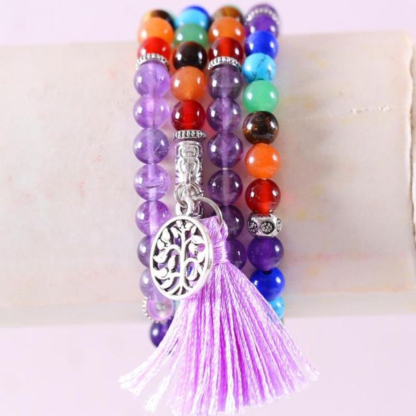 women long bracelet natural mala gem stone round bead tassel 7 chakra purple crystal reiki boho necklace 27" h073, Black
women long bracelet natural mala gem stone round bead tassel 7 chakra purple crystal reiki boho necklace 27" h073, Black