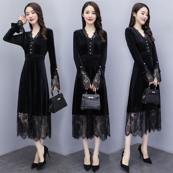gold velvet dress lacelace lacedress 2020 autumn new women's clothing black velvet lace temperament goddess style fashionable clothes y, Black;gray
gold velvet dress lacelace lacedress 2020 autumn new women's clothing black velvet lace temperament goddess style fashionable clothes y, Black;gray