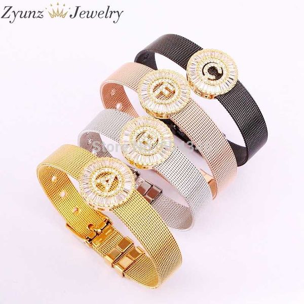5pcs Zyz328-2374 Cz Letter Charms Bracelets, Clear Cubic Zirconia Pave Gold Round Beads Watch Belt Bangle