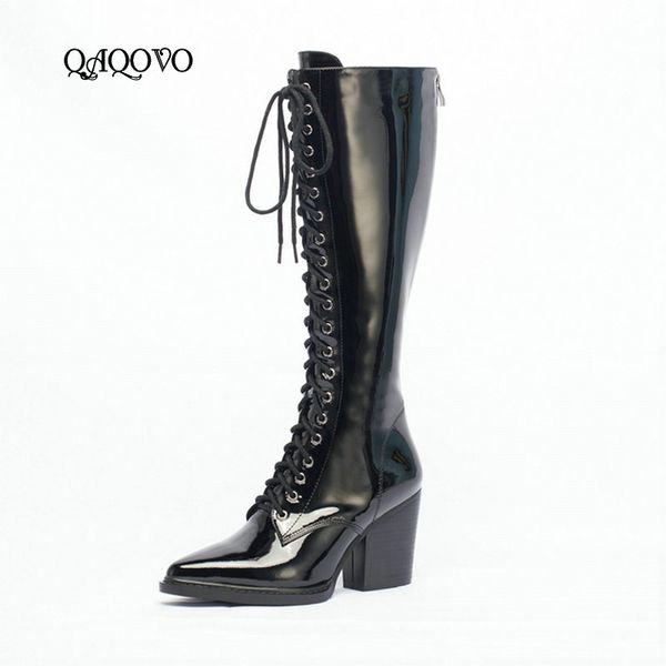 boots women cow leather patent fashion knee high pointed toe back zipper autumn winter heel shoes, Black
boots women cow leather patent fashion knee high pointed toe back zipper autumn winter heel shoes, Black