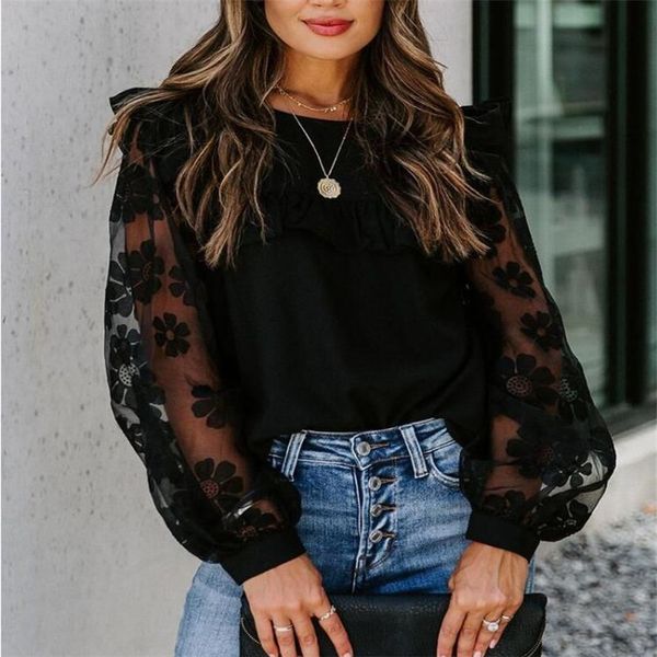 women fashion mesh patchwork round neck long sleeve blouse black lace falbala transparent flower bubble sleeve pullover, White
women fashion mesh patchwork round neck long sleeve blouse black lace falbala transparent flower bubble sleeve pullover, White
