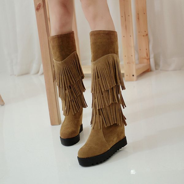 boots slip-on solid fringe round toe women low wedges casual fashion long flock knee-high concise sewing winter shoes, Black
boots slip-on solid fringe round toe women low wedges casual fashion long flock knee-high concise sewing winter shoes, Black