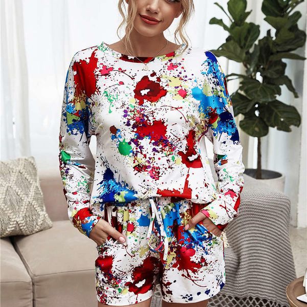 women autumn long sleeve round neck tie-dye printing t-shirt drawstring shorts two piece set casual home wear, Gray
women autumn long sleeve round neck tie-dye printing t-shirt drawstring shorts two piece set casual home wear, Gray