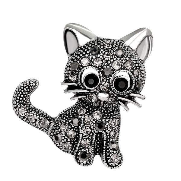 animal cat brooch jewelry women accessories rhinestone crystal lapel pin, Gray