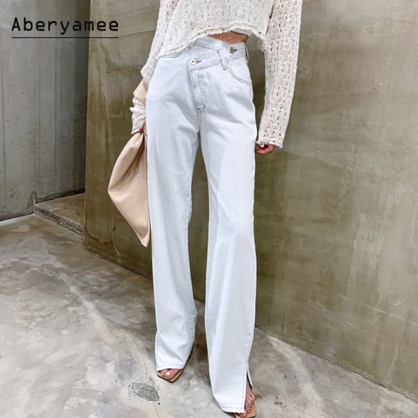women's jeans aberyamee casual trousers with high waist spilt femme oblique buckle floor length solid straight leg pants, Blue
women's jeans aberyamee casual trousers with high waist spilt femme oblique buckle floor length solid straight leg pants, Blue