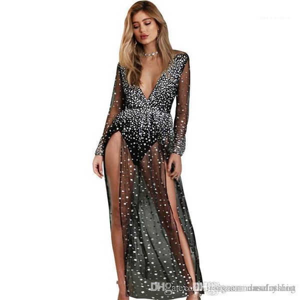 female clothing fluorescent split women dress deep v neck sequins sheer dresses club long black dress, White;black
female clothing fluorescent split women dress deep v neck sequins sheer dresses club long black dress, White;black