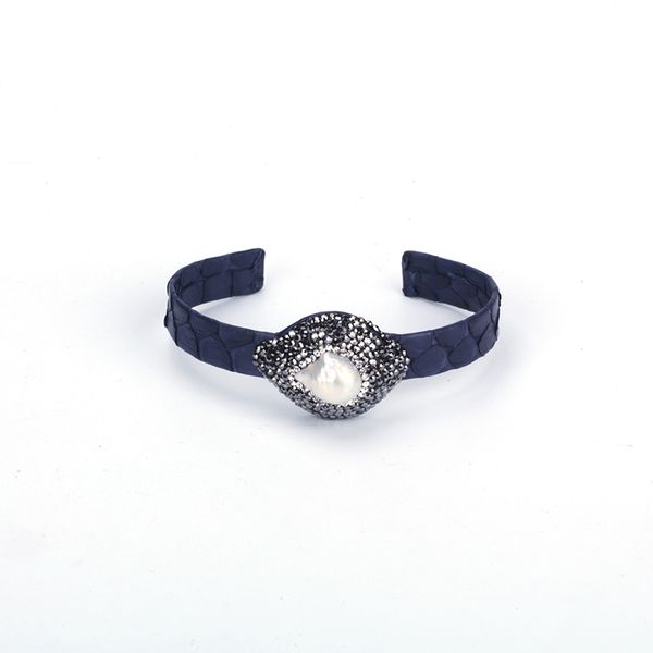 bangle natural rough big freshwater pearl charm pave rhinestone dark navy blue real snake leather wrap wide open cuff for women, Black
bangle natural rough big freshwater pearl charm pave rhinestone dark navy blue real snake leather wrap wide open cuff for women, Black