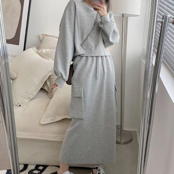 caual streetwear two piece sets autumn solid color casual skirt suit female korean loose round neck long sleeve split hoodie, Gray
caual streetwear two piece sets autumn solid color casual skirt suit female korean loose round neck long sleeve split hoodie, Gray