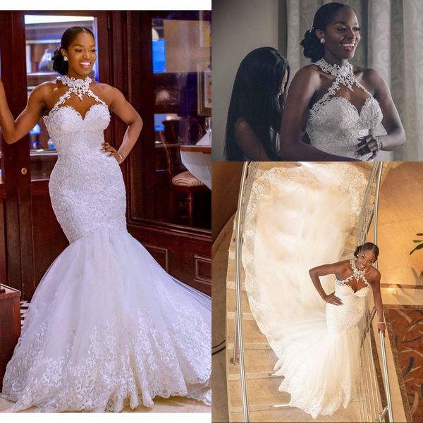 arabic aso ebi mermaid wedding dresses formal bridal gowns halter illusion lace appliques crystal beaded sheer back plus size chapel train, White
arabic aso ebi mermaid wedding dresses formal bridal gowns halter illusion lace appliques crystal beaded sheer back plus size chapel train, White