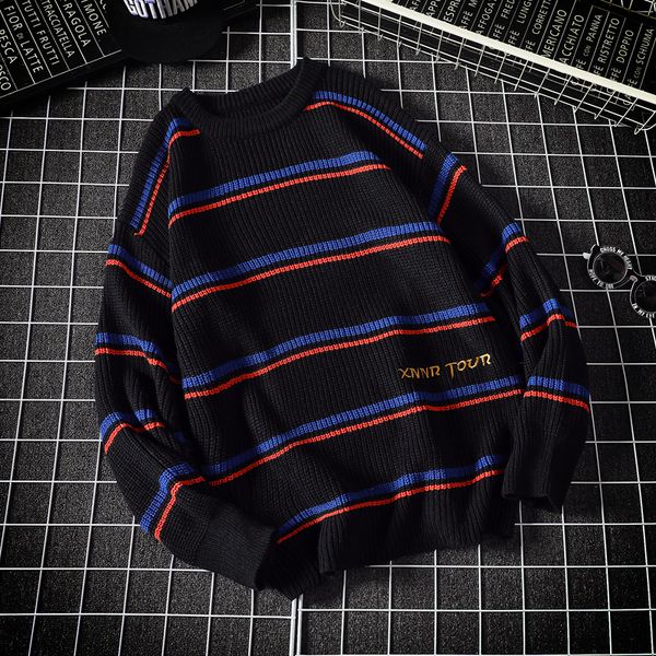 men's sweaters black blue striped washed sweater men hole knit jumpers women oversized harajuku, White;black
men's sweaters black blue striped washed sweater men hole knit jumpers women oversized harajuku, White;black