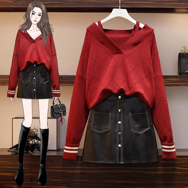 women's tracksuits big yards winter red sweater black pu skirt women 2 pcs clothing set outfit suit younger sister two leisure suits, Gray
women's tracksuits big yards winter red sweater black pu skirt women 2 pcs clothing set outfit suit younger sister two leisure suits, Gray