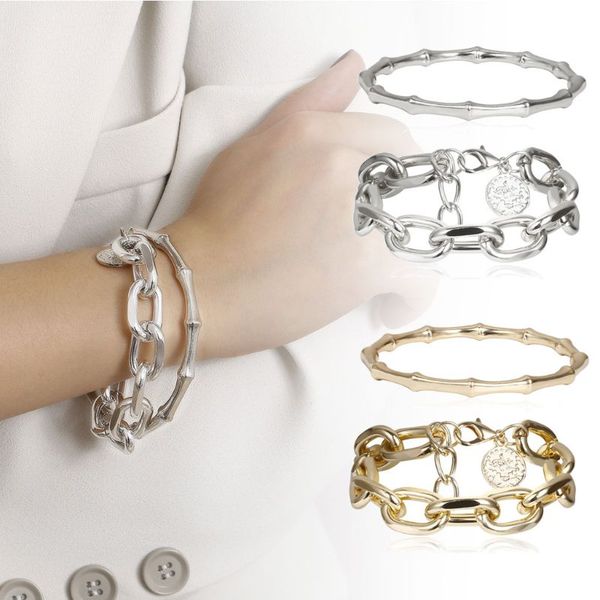 2pcs punk metal gold bamboo bracelet coin disc charm chunky link chain bracelet bangles kit women fashion jewelry, Golden;silver
2pcs punk metal gold bamboo bracelet coin disc charm chunky link chain bracelet bangles kit women fashion jewelry, Golden;silver