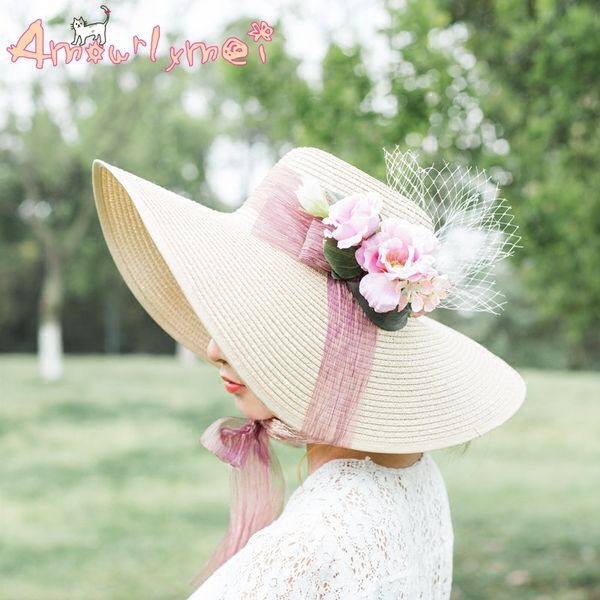 japanese style mori girl lolita sweet flower straw hat for women large brim sun hats lace-up bow summer beach hat & caps, Blue;gray