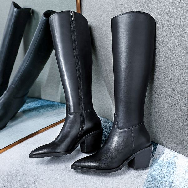 2021 winter new style genuine leather knee high boots women boots motorcycle pointed female warm women shoes, Black
2021 winter new style genuine leather knee high boots women boots motorcycle pointed female warm women shoes, Black