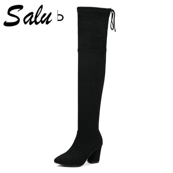 salu size 33-43 ladies high heel boots genuine leather pointed toe ladies long boots concise mature woman over knee botas, Black 
salu size 33-43 ladies high heel boots genuine leather pointed toe ladies long boots concise mature woman over knee botas, Black