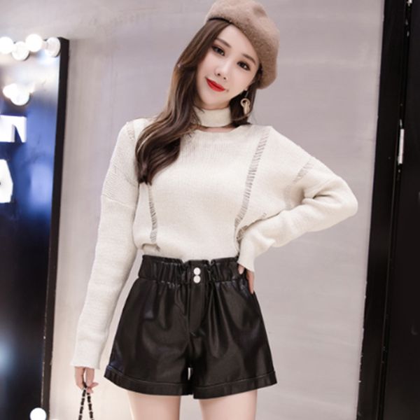 women's shorts black high waist pu leather elastic pocket button female short solid streetwear casual ladies bottoms, White;black
women's shorts black high waist pu leather elastic pocket button female short solid streetwear casual ladies bottoms, White;black