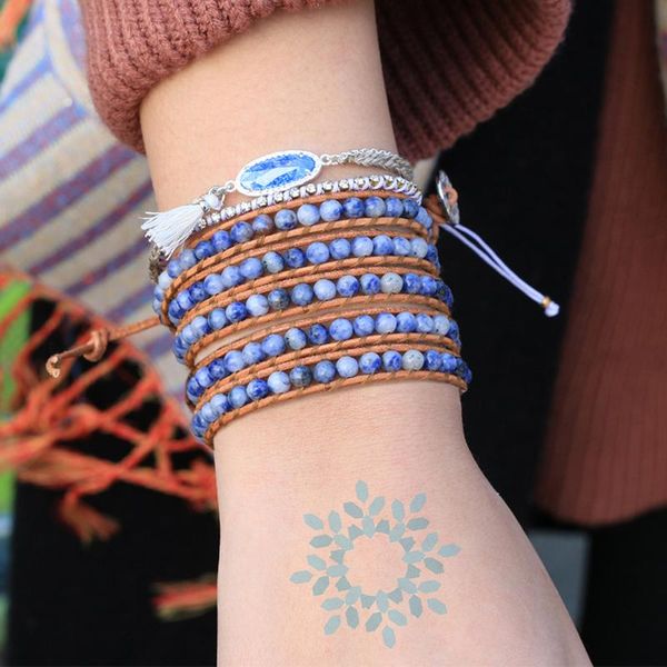 tennis kelitch 2021 fashion natural stone sodalite coral bead wrap bracelet leather with rope chain lovers jewelry, Golden;silver