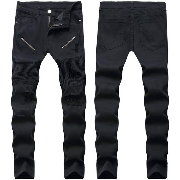 men's jeans 2021 pleated motorcycle youth black stretch slim, Blue