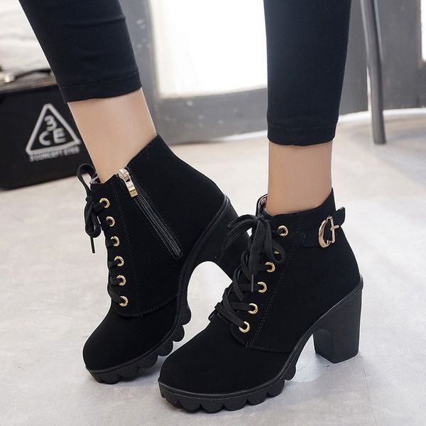 2020 new style high heel chunky heel casual women's boots platform platform ankle boots scrub round head ankle, Black