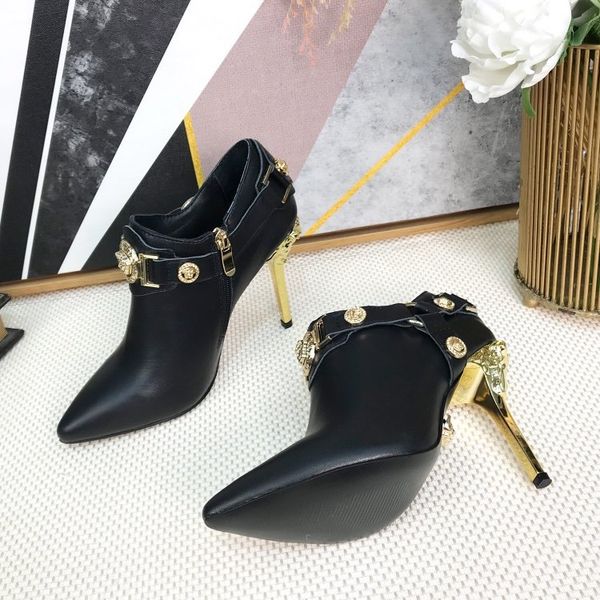 fashionable high-heeled shallow mouth boots gold heel personality design women ankle boots, Black
fashionable high-heeled shallow mouth boots gold heel personality design women ankle boots, Black