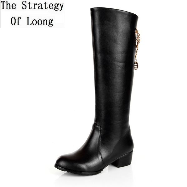 women winter genuine leather low heel round toe chains fashion knee high boots plus size 33-45 sxq1007, Black