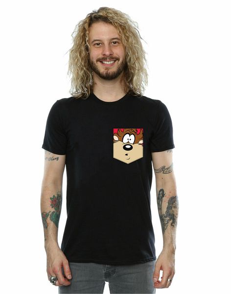looney tunes men's tasmanian devil face faux pocket t-shirt new funny tee shirt