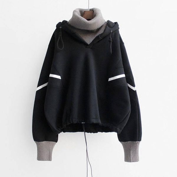loose sweatshirt warm solid turtleneck hoodie sweatshirt feminine casual japan hoodie streetwear girl winter pullover hoodies, Black