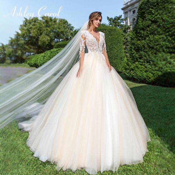 

Ashley Carol A-Line Wedding Dress 2020 Long Sleeve Illusion Beaded Appliques Sexy V-neck Bridal Gown Customized Vestido De Noiva, Custom made color