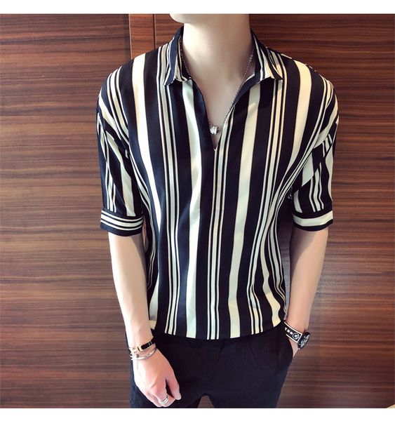 summer korean trend men's loose bf style five-point sleeve shirt casual middle-sleeved striped short-sleeved shirt, White;black
summer korean trend men's loose bf style five-point sleeve shirt casual middle-sleeved striped short-sleeved shirt, White;black