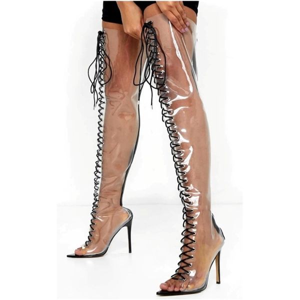 fashion transparent american style lace up over knee high boots high heel women party shoes customized big size 43, Black
fashion transparent american style lace up over knee high boots high heel women party shoes customized big size 43, Black