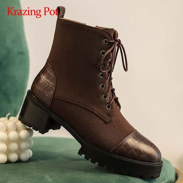 krazing pot large size short boots real leather stone pattern cross-tied round toe thick high heel zipper maiden ankle boots l23, Black
krazing pot large size short boots real leather stone pattern cross-tied round toe thick high heel zipper maiden ankle boots l23, Black