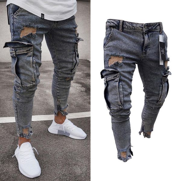 

New Fashion Washed Jeans Mens Ripped Skinny Jeans Destroyed Frayed Slim Fit Denim Pocket Pencil Pant Size S-2xl