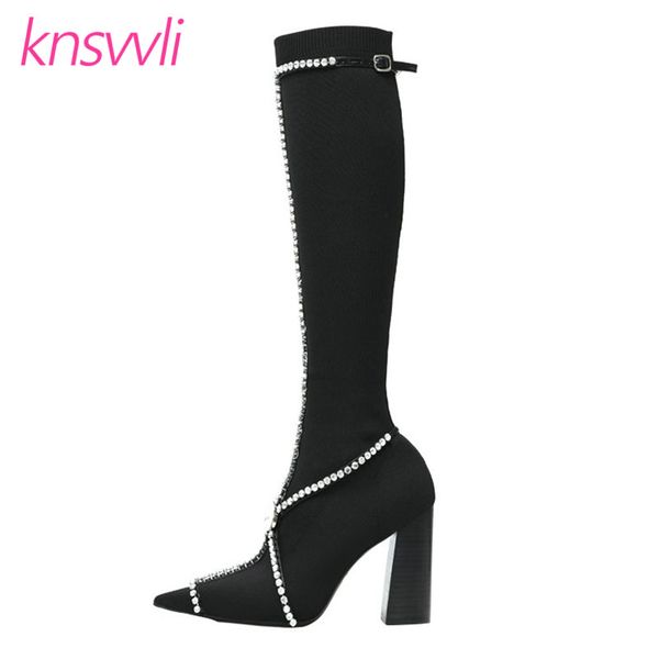 pointy toe brand shoes rhinestone chain knee high boots women jewels long knit stretch boots chunky high heels party shoes woman, Black
pointy toe brand shoes rhinestone chain knee high boots women jewels long knit stretch boots chunky high heels party shoes woman, Black