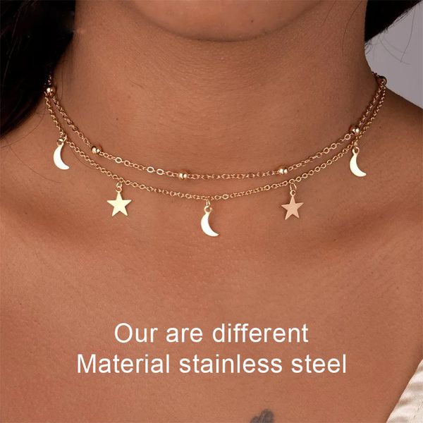 fashion multilayer stainless steel pendant necklace women gold color beads moon star horn crescent double chain choker necklaces, Golden;silver
fashion multilayer stainless steel pendant necklace women gold color beads moon star horn crescent double chain choker necklaces, Golden;silver